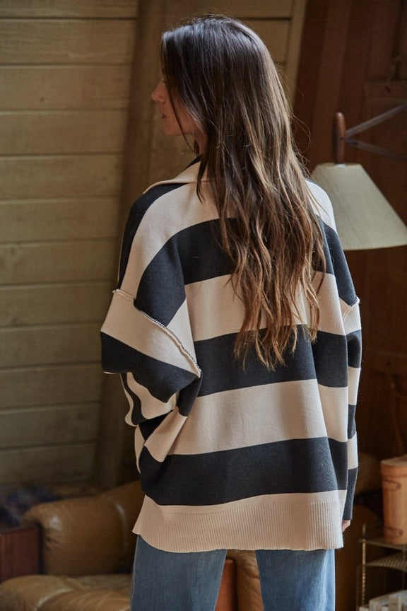 Knit Striped Turtleneck Half Zip