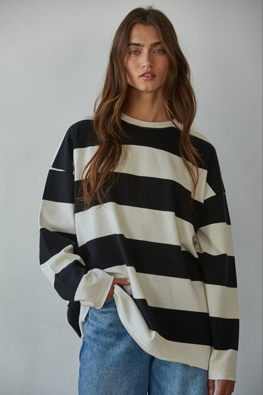 Knit Cotton Striped Crew Neck Long Sleeve Tee