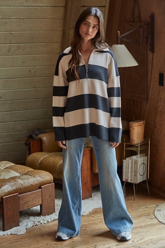 Knit Striped Turtleneck Half Zip