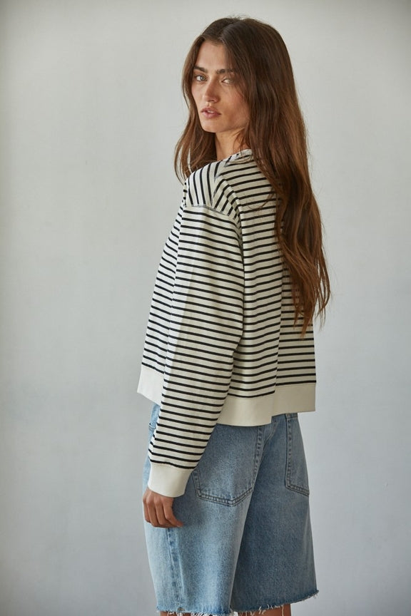Knit Cotton Striped Crew Neck Long Sleeve Top