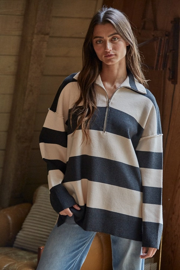 Knit Striped Turtleneck Half Zip