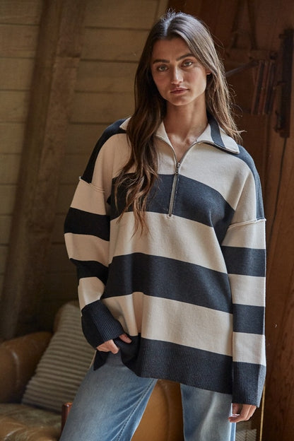 Knit Striped Turtleneck Half Zip