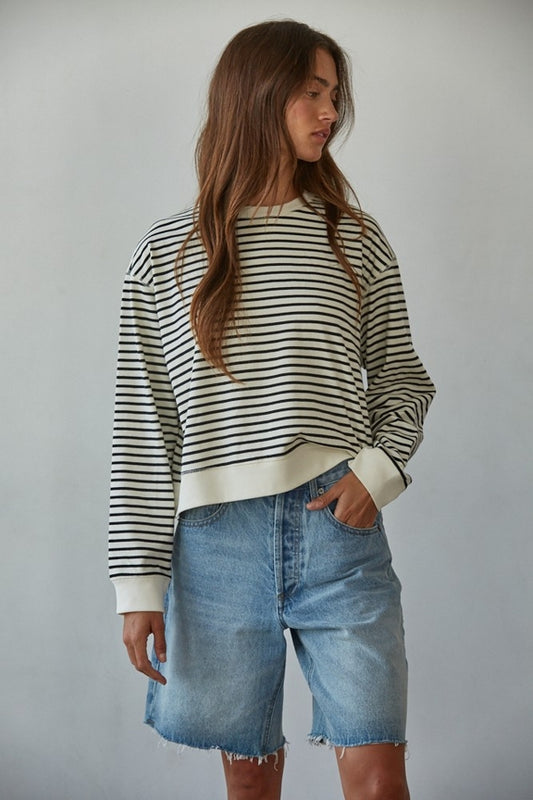 Knit Cotton Striped Crew Neck Long Sleeve Top