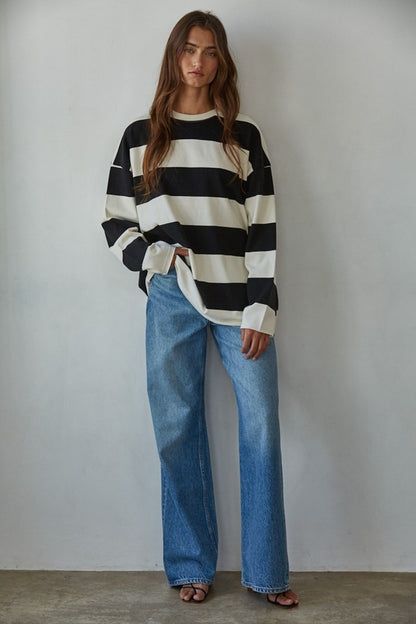 Knit Cotton Striped Crew Neck Long Sleeve Tee