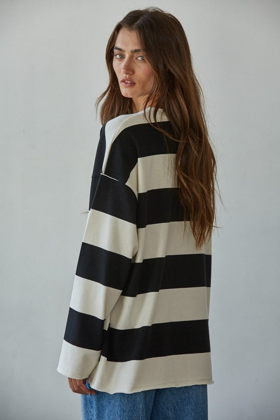 Knit Cotton Striped Crew Neck Long Sleeve Tee
