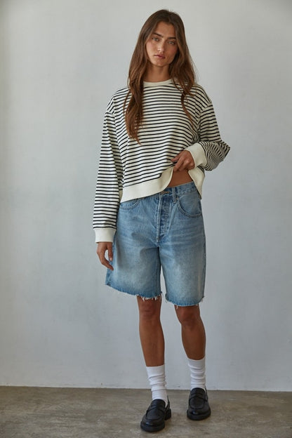 Knit Cotton Striped Crew Neck Long Sleeve Top